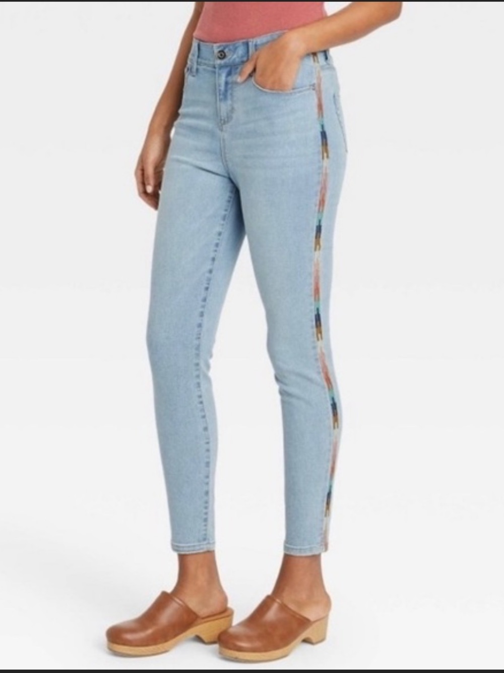 Knox Rose Light Blue Skinny Jeans with Multicolor Embroidered Side Stripe